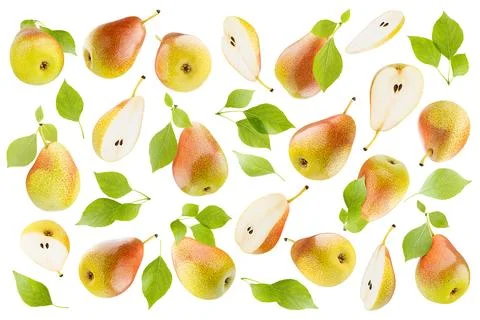 Pear pattern of fresh yellow bartlett pears with speckled red side and green  Stock Photos