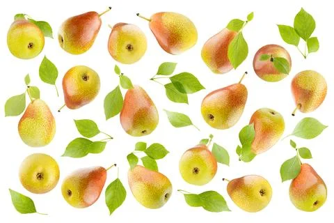 Pear pattern of fresh yellow bartlett pears with speckled red side and green  Stock Photos