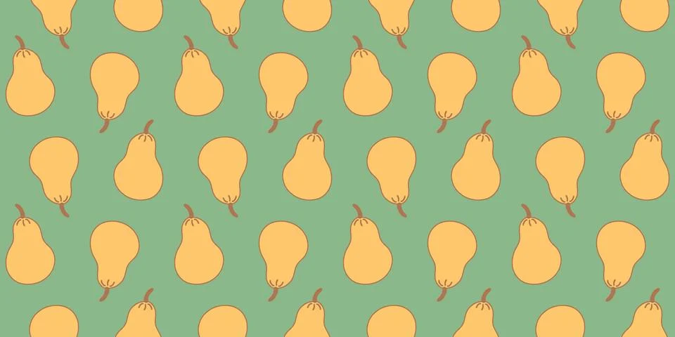 Pear Pattern. Seamless print Yellow fruit on green background. Duchess. Vegan Stock Illustration