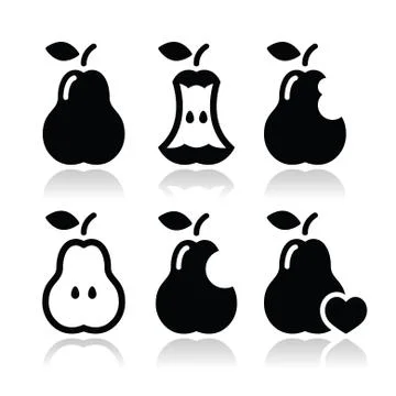 Pear, pear core, bitten, half vector icons Stock Illustration