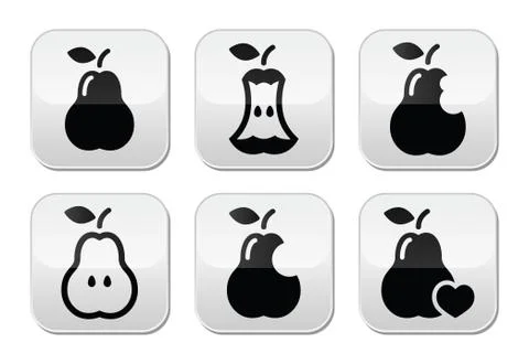Pear, pear core, bitten, half vector buttons Stock Illustration