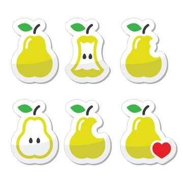 Pear, pear core, bitten, half vector icons Stock Illustration