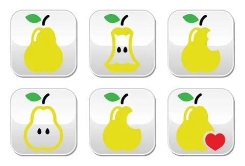 Pear, pear core, bitten, half vector buttons Stock Illustration