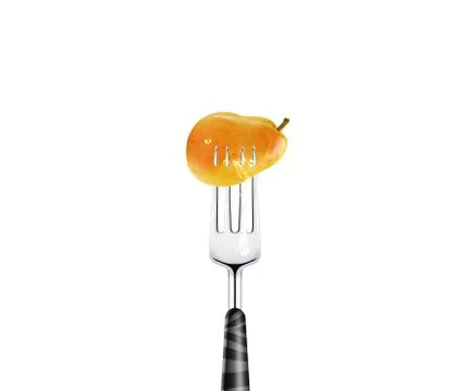 Pear pierced by fork,  isolated on white background Stock Photos