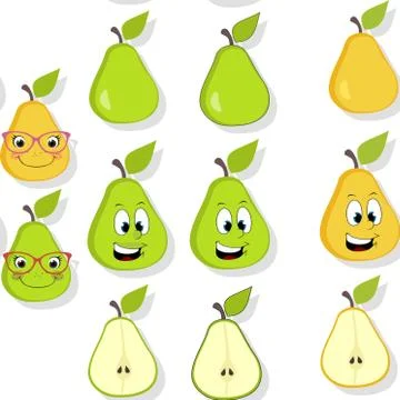 Pear seamless pattern with drop shadow. Cartoon pears with spectacles and fre Illustrazione stock