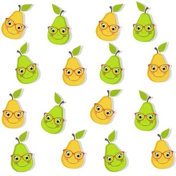 Pear seamless pattern with drop shadow. Cartoon pears with spectacles and fre Illustrazione stock