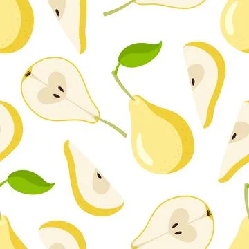 Pear seamless pattern. Yellow pear fruit with leaf, whole, cut, segment icons 스톡 일러스트
