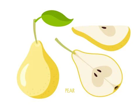 Pear set. Flat icon yellow pear fruit with leaf, cut, segment. Farmer Market Stock Illustration