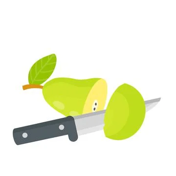 Pear. Sliced green fruit. Kitchen knife. Sweet pieces of dessert. イラスト素材