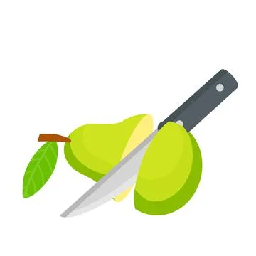 Pear. Sliced green fruit. Kitchen knife. イラスト素材