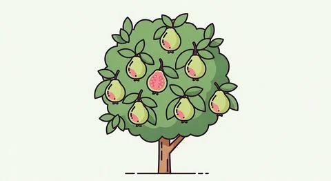 Pear tree with many green pears and one pink unusual pear hanging on branch.. Stock Illustration