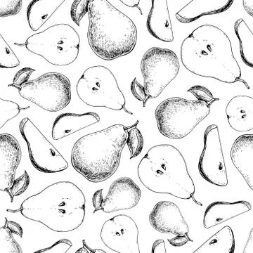 Pear vector seamless pattern. Hand drawn full and sliced pieces Stock Illustration