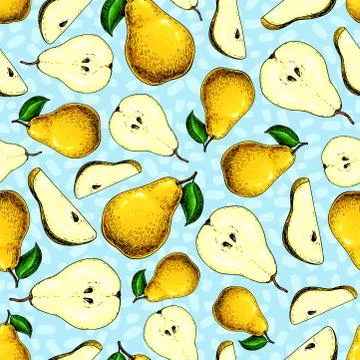 Pear vector seamless pattern. Hand drawn full and sliced pieces Stock Illustration