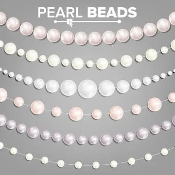 Pearl Beads Set Vector. 3D Realistic Shiny White Garlands. Necklace Jewelry Stock Illustration