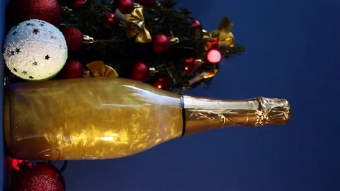 Pearl Champagne and Christmas tree. New Year. Vertical video frame 9:16 Stock Footage 113689945