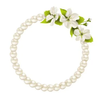 Pearl circle like frame with cherry flowers isolated on white Stock Illustration
