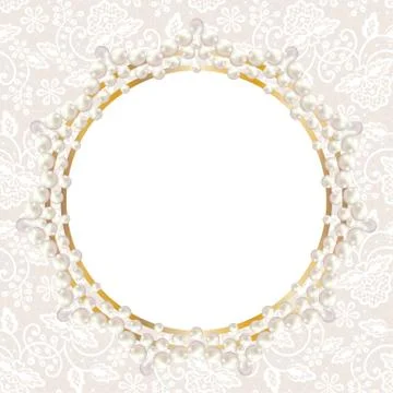 Pearl frame on white lace background Stock Illustration