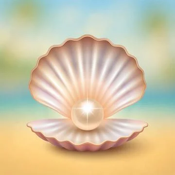 Pearl in Open Seashell on Beach Background, Vector Illustration. 3d Realist.. Ilustración de archivo