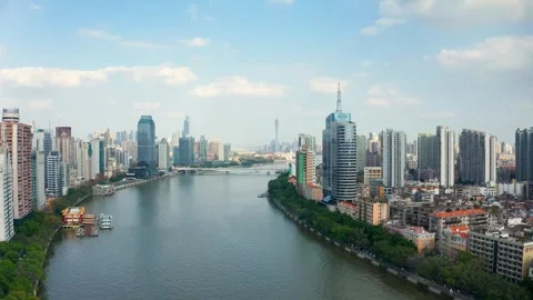 Pearl River boats between dense Guangzhou riverfronts in China Stock Footage 346030720