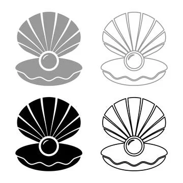 Pearl in seashell shell with pearlized inside open set icon grey black colo.. Stock Illustration