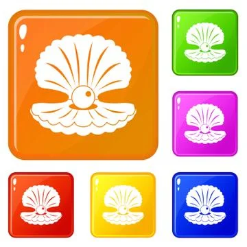 Pearl in a shell icons set vector color Stock Illustration