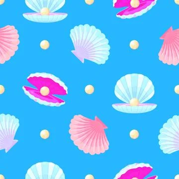 Pearl shell seamless pattern. Cartoon shells and pearls fabric print. Decorative Stock Illustration