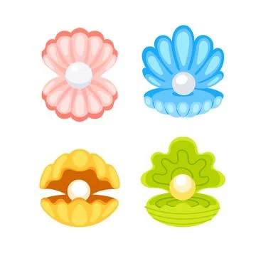 Pearl shells. Open seashell scallop and pearl shell. Vector illustration. 스톡 일러스트