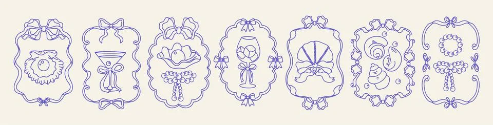Pearl wedding frames set with bow ribbons and seashells. Delicate blue line.. Stock Illustration