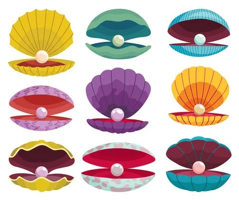 Pearls in seashell. Open seashell scallop and pearl shell icon set in various Stock Illustration