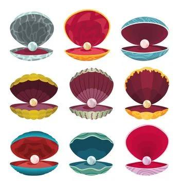 Pearls in seashell. Open seashell scallop and pearl shell icon set in various Stock Illustration