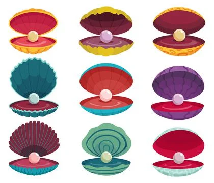 Pearls in seashell. Open seashells scallop and pearl shell icons set in various Illustrazione stock