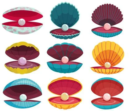 Pearls in seashell. Open seashells scallop and pearl shell icons set in various Stock Illustration