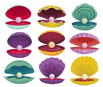 Pearls in seashell. Open seashells scallop and pearl shell icons set in various Stock Illustration