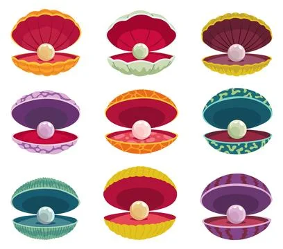 Pearls in seashell. Open seashells scallop and pearl shell icons set in various Stock Illustration