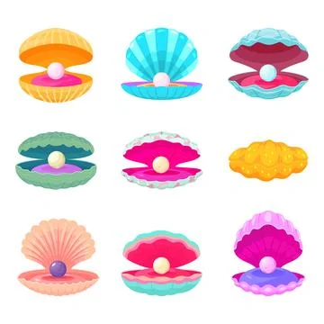 Pearls in shells. Decorative cartoon shell with pearl, different sand and ocean Stock Illustration