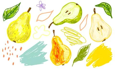 Pears and abstract elements in flat style. Set of clip art for trendy modern Stock Illustration
