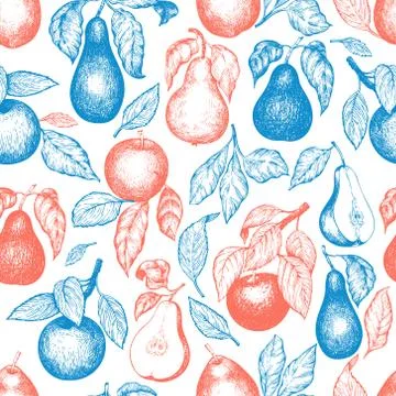 Pears and apples seamless pattern. Hand drawn vector garden fruit illustratio Stock Illustration