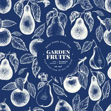 Pears and apples seamless pattern. Hand drawn vector garden fruit illustratio Stock Illustration