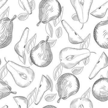 Pears and leaf seamless pattern. Sliced fruit. Hand draw fruit texture. Stock Illustration