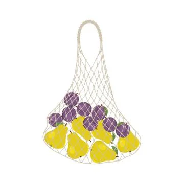 Pears and plums in a string bag. Shopping bag with fruits Stock Illustration
