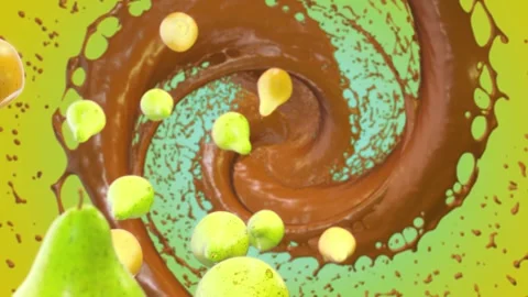 Pears are falling. Hot chocolate. Rotation. A delicacy. View from above. Video stock 258216524