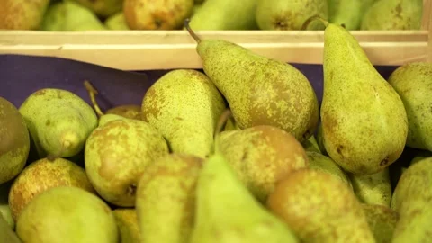Pears of Belgian origin in wooden boxes in refrigerated fruit warehouse. Stock Footage 330134099