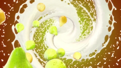 Pears falling. The whirlpool. Milk. Rotation. A delicacy. View from above. Stock Footage 258221037