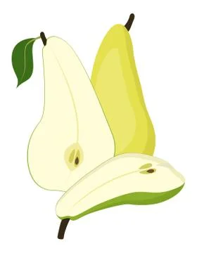 Pears. One and a half green pear fruit on white background. Raster illustration Stock Illustration