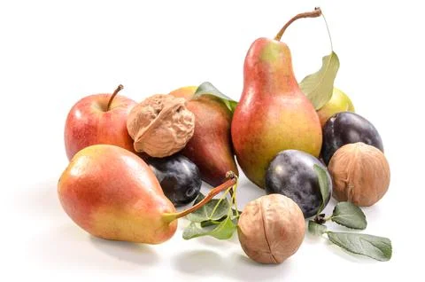 Pears, plums and walnuts on a white background with soft shadow Stock-Fotos