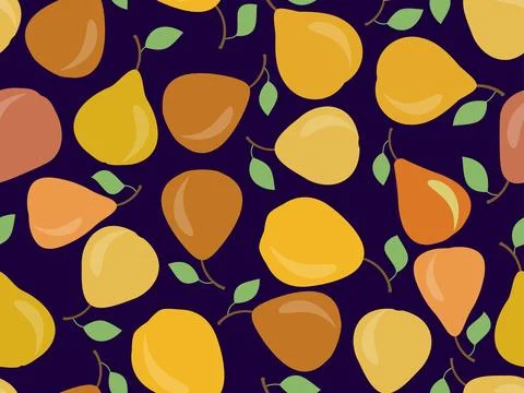 Pears seamless pattern. Fruit pear with one leaf on a black background. Des.. Stock Illustration