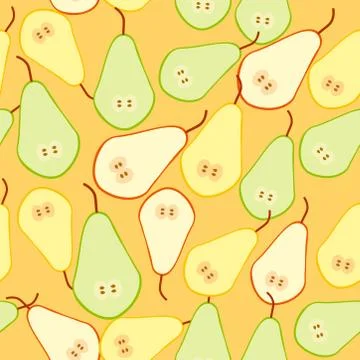 Pears simple seamless pattern yellow green slice fruit on orange background.  Stock Illustration