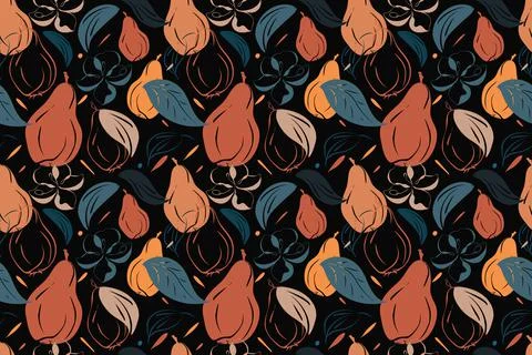 Pears vector seamless pattern, autumn concept, sketch hand drawn design, flower Stock Illustration