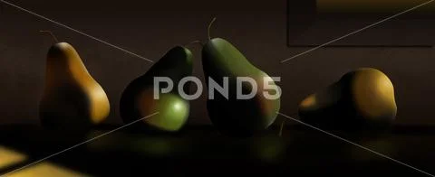Pears, yellow and green are seen in this 3-D illustration with dramatic low k Stock Illustration