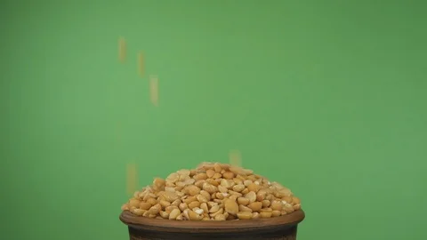 Peas grains fall into a crowded clay bowl and fall out of it. Isolated on a Stock Footage 126794518
